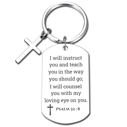 GiftYou Inspirational Scripture Metal Key Chains with Cross Pendant - Bible Verse Keychain Religious Gift for Christian - color: Psalm 32:8