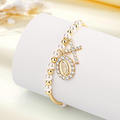 Rosary Cross Bracelet for Women, Gold Virgin Mary Rosary Beads Catholic Bracelet - style: white and gold beads