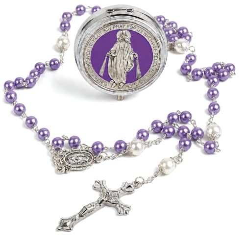 Catholic Pearl Cross Rosary Necklace — Ideal for Baptism, Prayer, Devotion — 6mm Glass Beads & 8mm Our Father Beads w/Caps, Miraculous Jewelry Box – Perfect Religious Gift for Women, Men - color: Purple