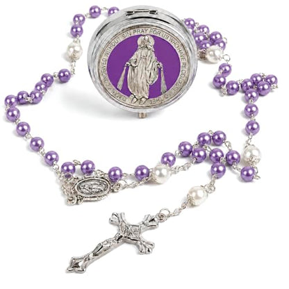 Catholic Pearl Cross Rosary Necklace — Ideal for Baptism, Prayer, Devotion — 6mm Glass Beads & 8mm Our Father Beads w/Caps, Miraculous Jewelry Box – Perfect Religious Gift for Women, Men - color: Purple