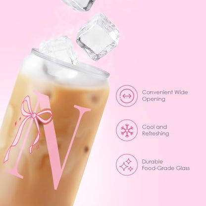 SANDJEST Monogrammed Glass Drinking Can Cup with Acrylic Lid and Straw, Personalized Frosted Iced Coffee Tumbler 16oz, Monogram Initial Gifts for Women Girls on Birthday (N) - color: N