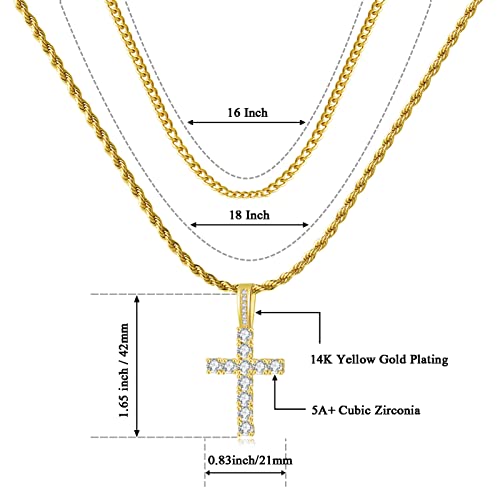 GEMOSA Cross Necklace for Men, Cuban Link Layered Rope Chain Silver/Gold/Black - color: Black Gold, size: 16/18 inch