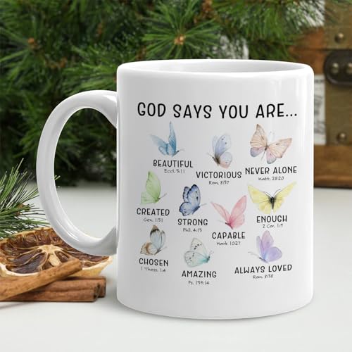 Christian Butterfly Mug, God Says You Are Bible Verse Coffee Cup Ceramic, Christian Gifts for Women, Inspirational Religious Ceramic Coffee Tea Mug 11 oz