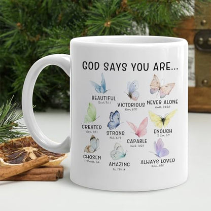 Christian Butterfly Mug, God Says You Are Bible Verse Coffee Cup Ceramic, Christian Gifts for Women, Inspirational Religious Ceramic Coffee Tea Mug 11 oz
