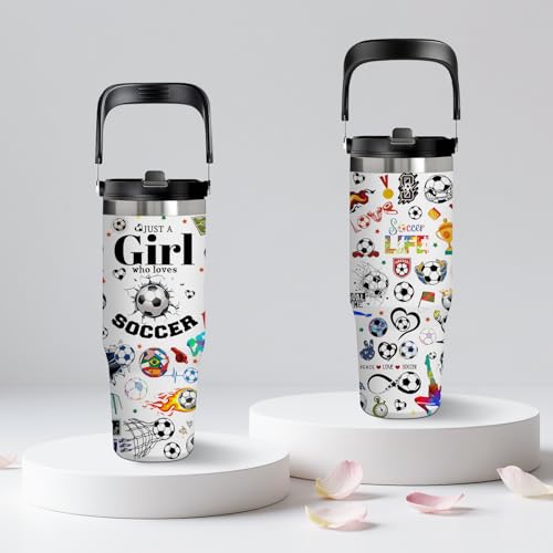 30oz Stainless Steel Insulated Tumbler with Handle, Soccer Gifts for Girls - color: Soccer1