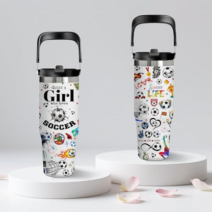 30oz Stainless Steel Insulated Tumbler with Handle, Soccer Gifts for Girls - color: Soccer1
