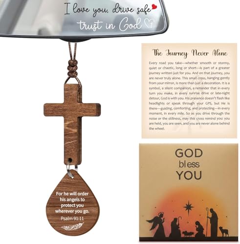 Cross for Car Mirror Hanging Christian Gifts for Men, Women, Scan Phone for Daily Bible Verse, Christian Cross Ornament, Religious Gifts for Men, Wooden Car Ornament - color: He Will Order His Angels_psalm 91:11
