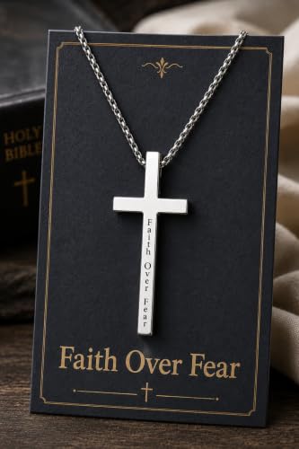 Engraved Cross Necklace for Men, Women & Boys & Girls Cross Necklace, Stainless Steel Cross Pendant Necklace, Faith & Inspiration Christian Jewelry Gift - color: Faith Over Fear
