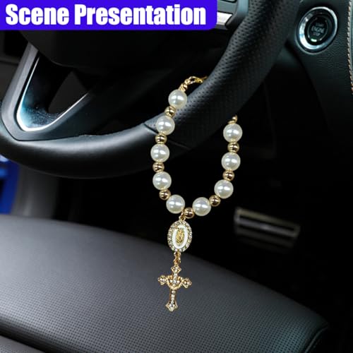 Rosary Car Steering Wheel Rosary Charm, Alloy Cross Religious Rear View Mirror Charm, Personalized Car Mirror Hanging Accessories for Most Cars (White) - size: White