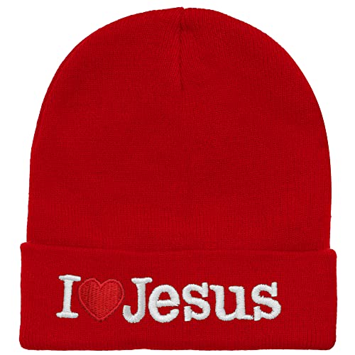 I Love Jesus Beanie Hat Ski Cap All Seasons Embroidered Solid Color - color: Red