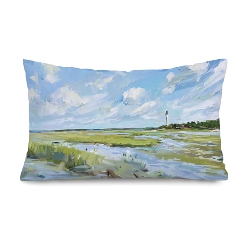 Lacama Vintage Coastal Beach 12x20 Pillow Cover, Beach House Room Decor, Coastal Marsh Landscape Lighthouse Decorative Lumbar Throw Pillow Covers Pillowcases for Couch Bed Home Bedroom Living Room - color: Blue-coastal