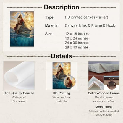 Humorous Christian Jesus Wall Art Jesus Riding Shark Religious Wall Art - color: Art-39, size: 18"L x 12"W