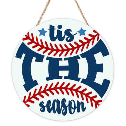 Baseball Sport Front Door Sign, Tis The Season Wood Hanger Outdoor - color: Baseball