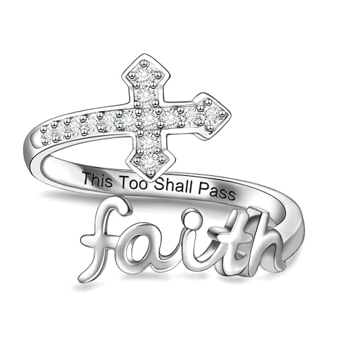 Helonley Cross Faith Ring for Women - 925 Sterling Silver Inspiration Rings - style: This Too Shall Pass