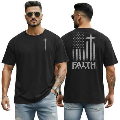 Men's Jesus Christian Shirts Christ America Flag Casual Tops - color: Black-faith Over Fear, size: Large