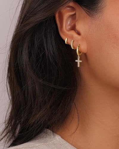 Rotnso Gold Hoop Earrings Set for Women Hypoallergenic Trendy Huggie Stack - style: 3 Pairs Cross Hoops-GD