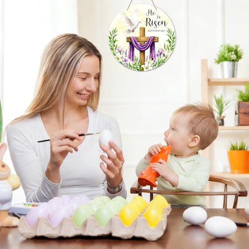SICOHOME He is Risen Door Sign - 11.5" Christian Cross Sign Easter Wreath Front Door Decoration - Religious Easter Decorations for Home, Wall, Porach, Indoor Outdoor Farmhouse Party Spring - color: He is Risen 2