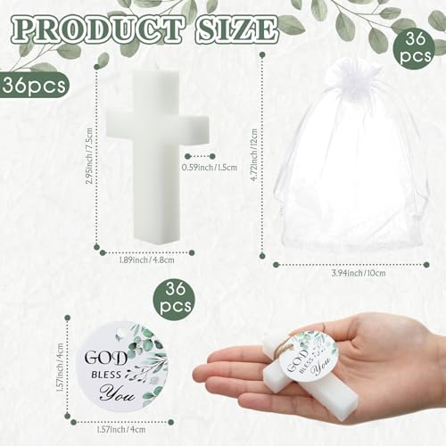 MTLEE 36 Set Baptism Favor Candles Cross Candles Baby Shower Favors Religious Holy Communion Christening Gifts for Christian Guests Party Wedding Birthday(Eucalyptus Tag) - style: Eucalyptus Tag