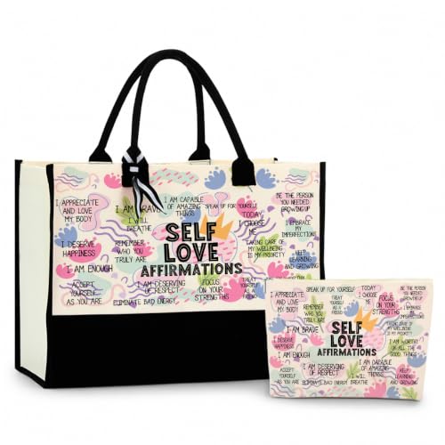 jeilink Inspirational Religious Gifts Boss Mom Birthday Christmas Tote Bag Canvas Reusable Grocery Beach Tote Black Pink - color: Self Love Affirmations 1709