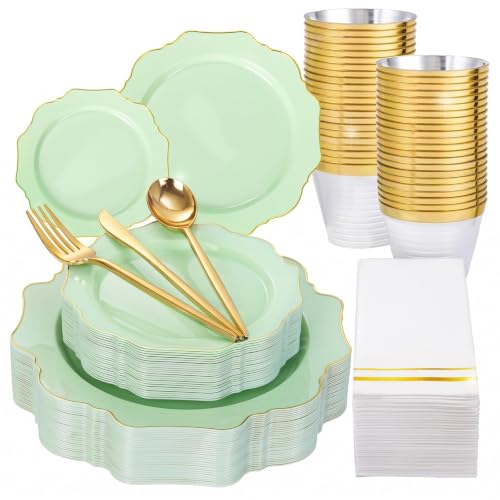 WDF 175Pcs Sage Green Plastic Plates With Gold Rim - Disposable Sage Green Plates 25guest Disposable Dinnerware Ideal for Party/Wedding/Holidays - color: Sage Green, size: 175 pieces