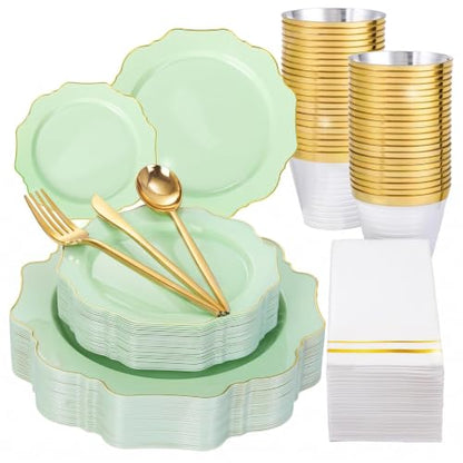 WDF 175Pcs Sage Green Plastic Plates With Gold Rim - Disposable Sage Green Plates 25guest Disposable Dinnerware Ideal for Party/Wedding/Holidays - color: Sage Green, size: 175 pieces