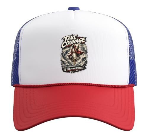 Take Courage It is I. Don't Be Afraid Bible Verse Art Trucker Hat with Adjustable Mesh Back - color: Red/White/Royal Blue