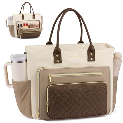 LOVEVOOK Tote Bag for Women, Teacher Tote for Work, Laptop Bag With Large Cup Holder, Nurse Bags Professional Briefcase Business Computer Purses Handbag,Khaki-Beige-Coffee - color: Khaki-beige-coffee, size: 15.3 inch