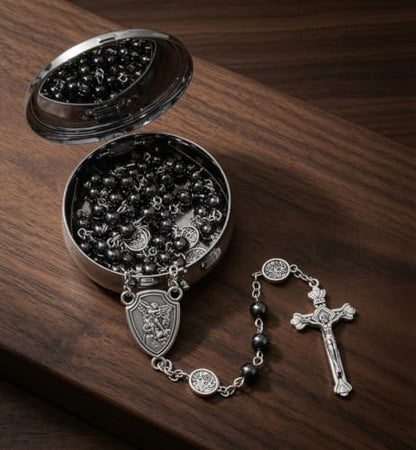 Nazareth Store St Michael Rosary Hematite Stone Beads Necklace Metal Beaded Glory Beads Archangel Medal & Cross with Metal Gift Box - color: Antique Silver | St Michael