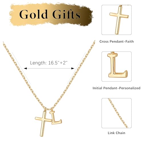 Cross Initial Necklace for Women, 14K Gold Plated Dainty Cross & Letter(A-Z) Pendant Necklace, Personalized Monogram Letter Christian Jewelry,Baptism First Communion Confirmation Easter Gift - color: L