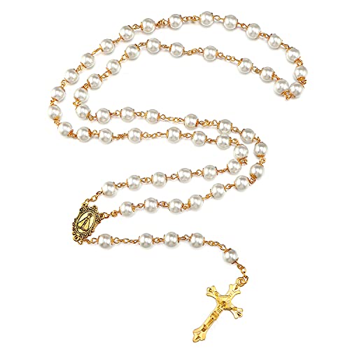 Rnivida Catholic Pearl Beads Rosary Necklace Metal Beaded Miraculous Medal & Cross Rosary for Women - color: Pearl - Gold Tone