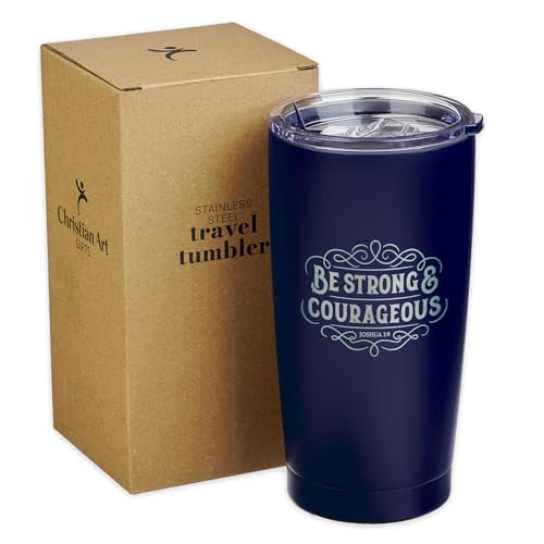 Christian Art Gifts Large Insulated Stainless Steel Travel Mug Tumbler for Men & Women: Strong & Courageous Uplifting Scripture, Double Wall Vacuum Sealed, Retractable Lid, Navy Blue & Silver, 18 oz. - color: Navy Blue/Strong & Courageous