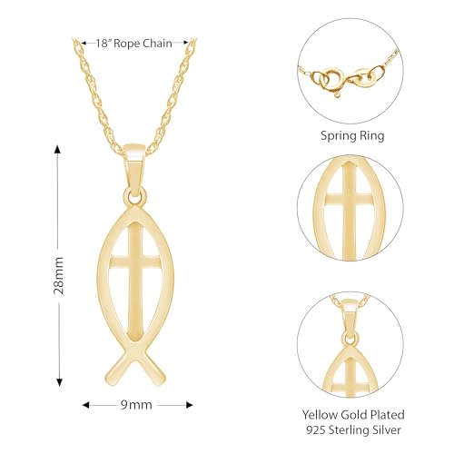 Christian Fish Cross Pendant Necklace for Women Religious Faith Jewelry - color: yellow-gold-plated-silver