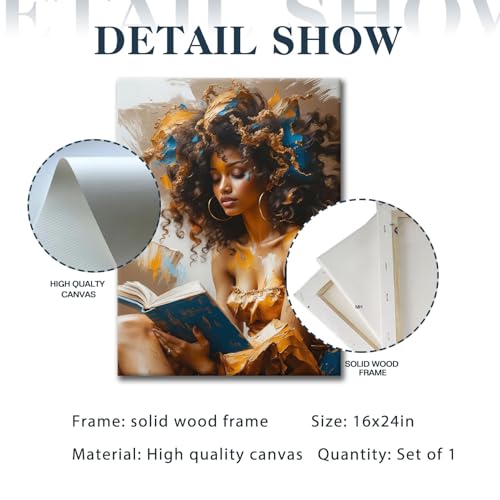 Framed Canvas Wall Art Reading Black Women Painting Print Abstract Poster Gallery Style Modern Figurative Picture 16x24 Inch Ready To Hang - color: Black women, size: 16x24 inch