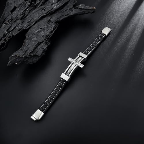 Leather Cross Bracelet Braided Faith Bangle for Men, 8.3 &9.1 Inch - color: 06.black leather; Style: wheat cross, size: 8.3in(Fits most wrists)