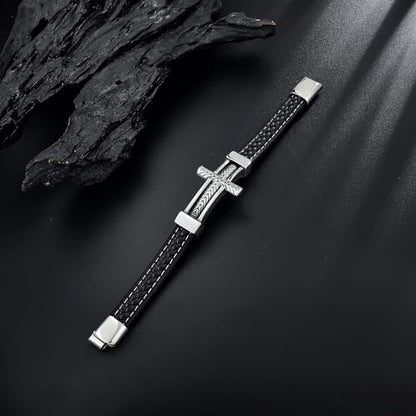 Leather Cross Bracelet Braided Faith Bangle for Men, 8.3 &9.1 Inch - color: 06.black leather; Style: wheat cross, size: 8.3in(Fits most wrists)