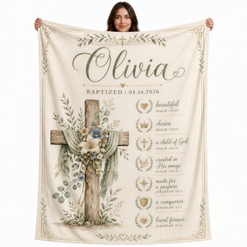 Personalized Baptism Cross Floral Throw Blanket, Custom Name, Date - color: Style2