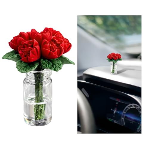 Rose Flower in Vase Car Dashboard Decoration, Cute Floral Vase Vehicle Rear View Mirror Ornament, Miniature Realistic Flower Bouquet Auto Interior Decor for Girls Women (Red) - color: Red