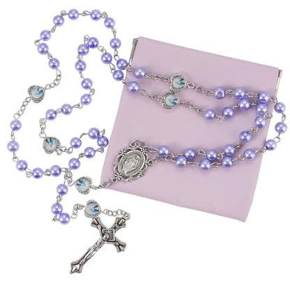 Rosary Beads Catholic, Rosary Necklace with Leather Pouch with Magnetic Top Bag for Men and Women Christian Gifts - color: Purple