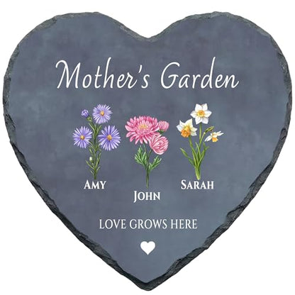 Mom’s Garden Stone Personalized with Kids Names & Birth Flowers - Custom Heart Slate Birthday Gift for Grandma, Nana, or Aunt - Unique Mother’s Day Gifts (S-204) - color: S-204