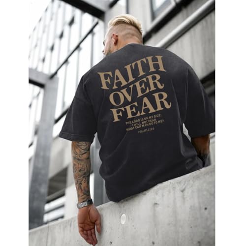 Christian Faith Over Fear Shirt for Men Jesus Religious Shirts Oversized Graphic Tees Acid Wash God T-Shirt - color: Black, size: Medium