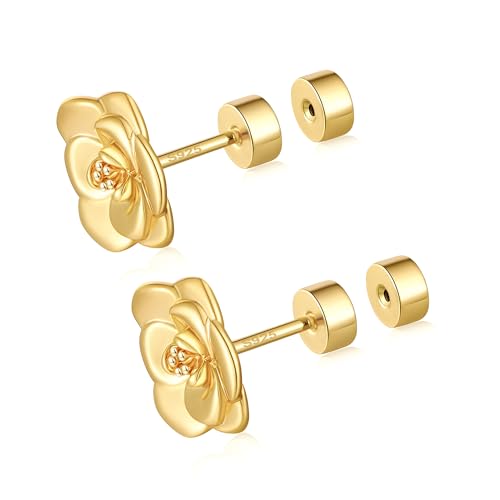 CEROUNO Flat Back Stud Earrings - 925 Sterling Silver Post Flatback Earrings Gold Silver Cubic Zirconia Earrings Studs for Women - color: Gold Flower