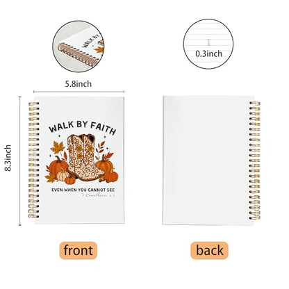 VNWEK Fall Western Christian Spiral Notebook Journal 5.5x8.3 Inch, Autumn Pumpkin Cowgirl Boots Bible Verse Journal, Walk by Faith Religious Lined Hardcover Spiral Notebook - color: Fall Western Christian
