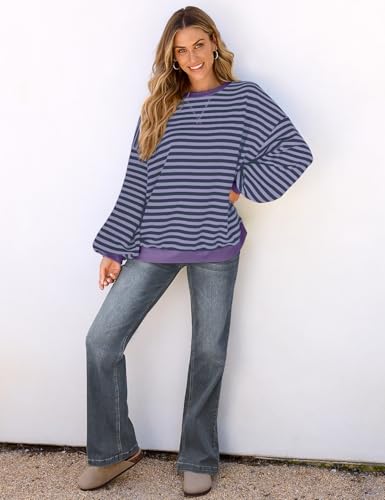 UEU Women Oversized Striped Crewneck Sweatshirt Long Sleeve Casual Pullover - color: Blue Purple Stripe, size: Small
