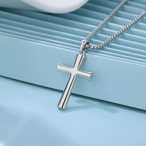Small Dainty Cross Pendant Necklace 925 Sterling Silver for Women with 18", 20" Sturdy Chain 14K White Gold Plated - size: 20" Chain, style: Chunky