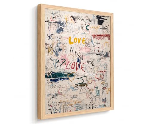 Framed Modern Neutral Abstract Textured Graffiti Love Wall Art, 12x16 Inch - color: Multicolor On White/Cream Background With Red, Yellow, Blue, Black, Green, And Pink Accents, size: 12"L x 16"W