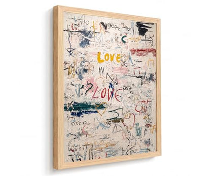 Framed Modern Neutral Abstract Textured Graffiti Love Wall Art, 12x16 Inch - color: Multicolor On White/Cream Background With Red, Yellow, Blue, Black, Green, And Pink Accents, size: 12"L x 16"W