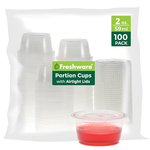 Freshware Plastic Portion Cups with Lids [2 Ounce, 100 Sets] Disposable Plastic Cups for Meal Prep, Salad Dressing, Jellos Shot Cups, Souffle Cups, Condiment and Dipping Sauce Cups - size: 2 oz - 100 sets