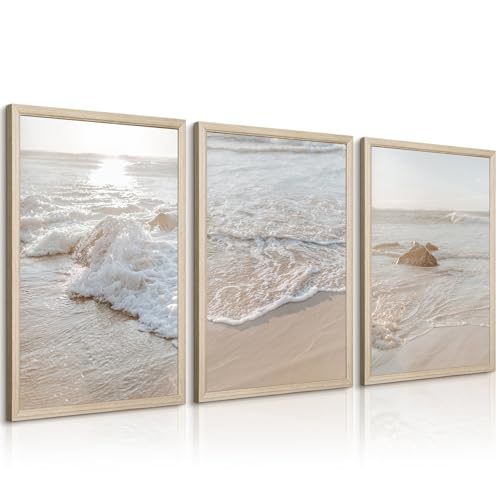 Lhoiplme Coastal Wall Art Beach Pictures Ocean Canvas Wall Art Decor Boho Beach Decor Ocean Beachy Prints Coastal Aesthetic Artwork Painting for Bedroom Living Room 12x16 Inch Framed Set of 3 - color: Seaside Beach Prints, size: 12x16 Inch Framed