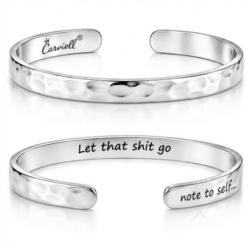 Carviell Bracelets for Women – 100+ Meaningful Engraved Messages – Solid 316L Surgical Stainless Steel Cuff Bracelet – Gift Ready - color: BADASS Gift - Note to Self.... Let that sh*t go - SILVER