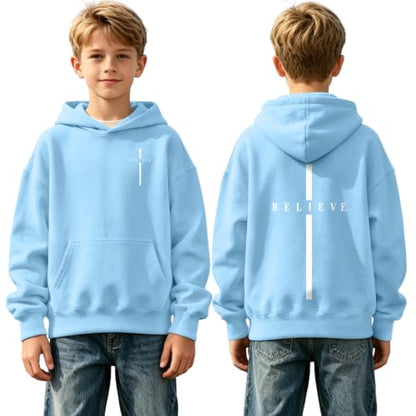 Fkatuzi Christian Graphic Hoodies For Boys Cross Sweatshirt Kids Jesus Hoodie Faith God Religious Bible Verse Believe Tops - color: Light Blue, size: 7-8 Years